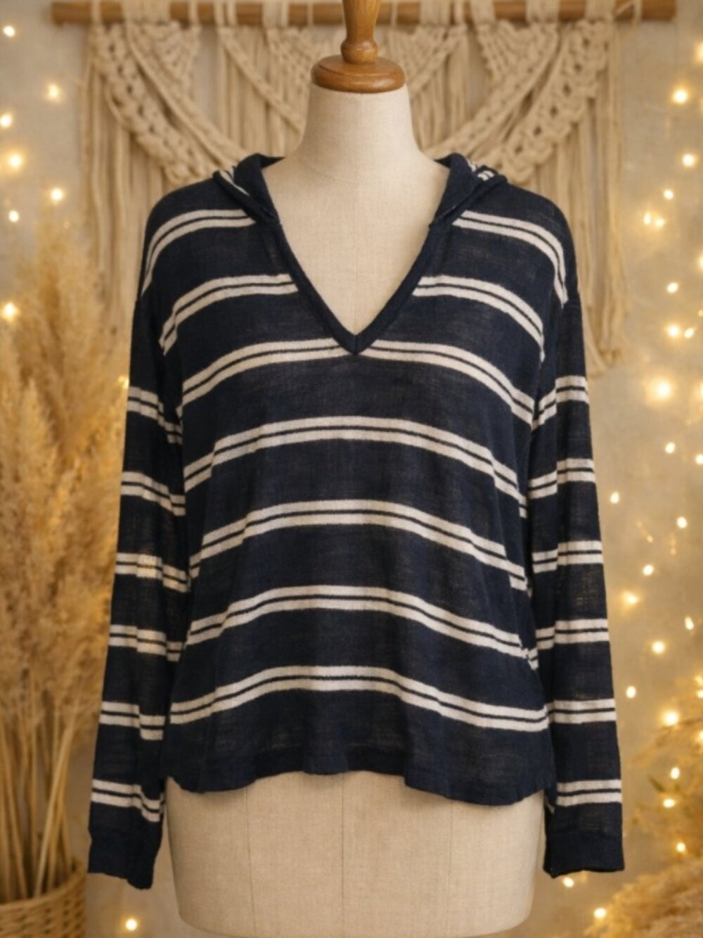 LOFT Linen Hooded Striped V-Neck Slightly Sheer Top S Preppy Coastal Nautical